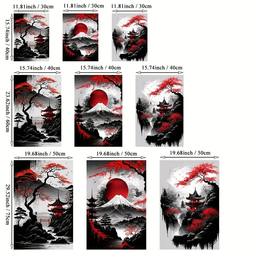 Japanese natural landscape red & white canvas art set living room