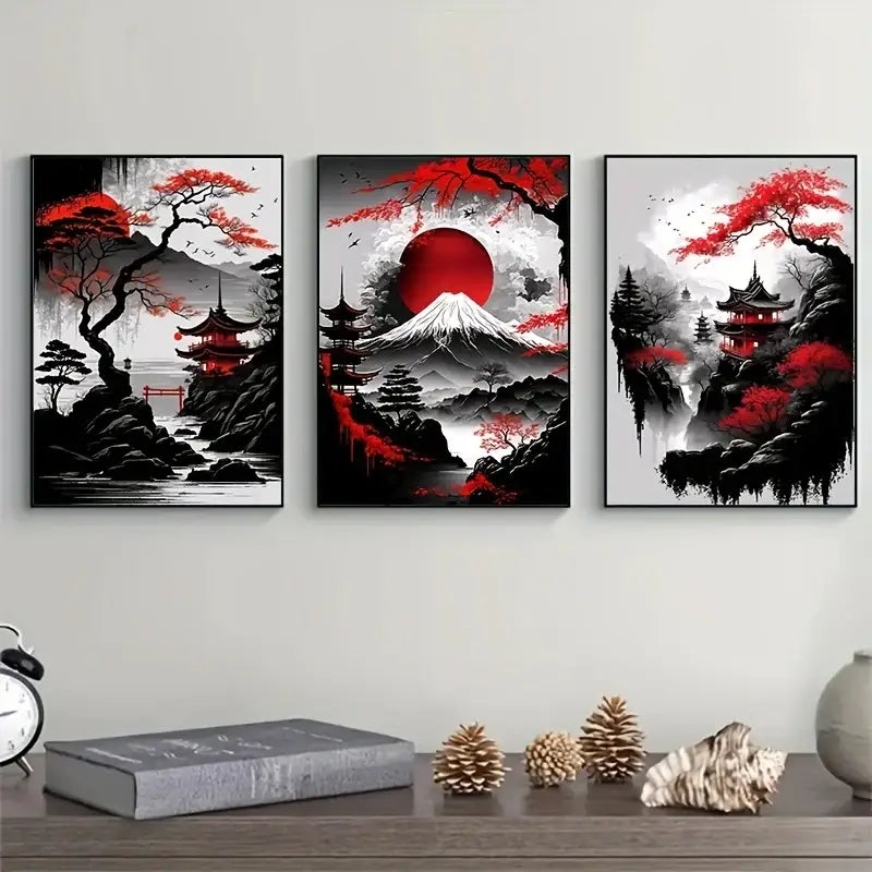 Japanese natural landscape red & white canvas art set living room