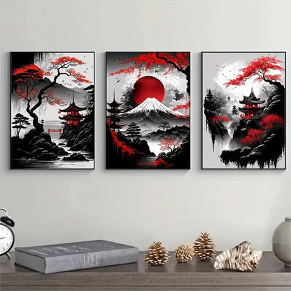 Japanese natural landscape red & white canvas art set living room