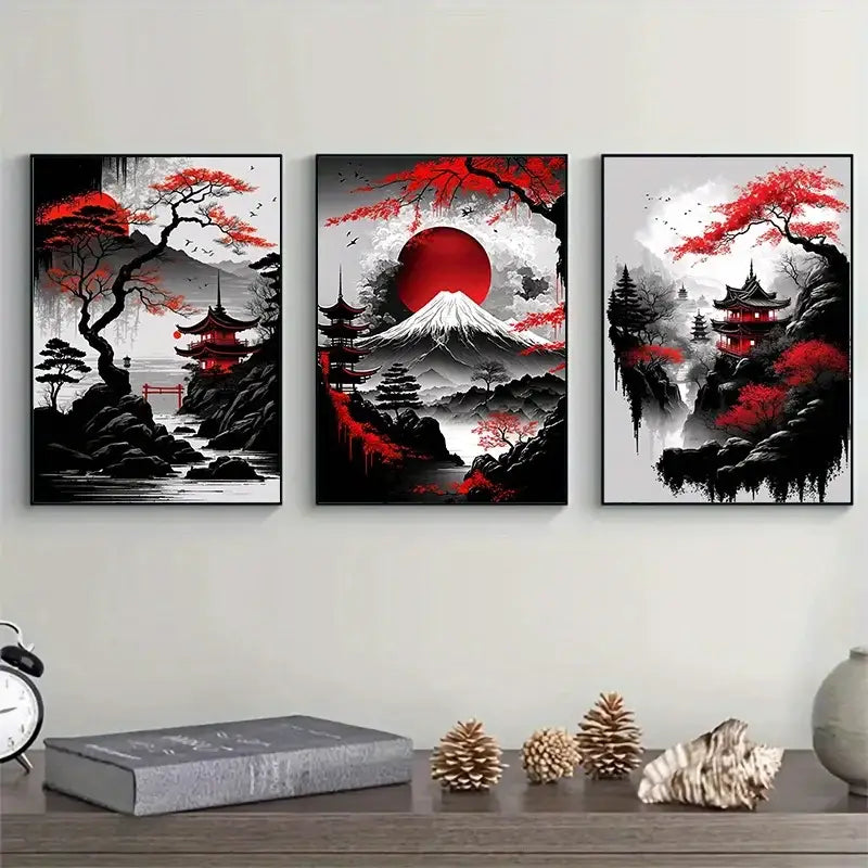 Japanese natural landscape red & white canvas art set living room