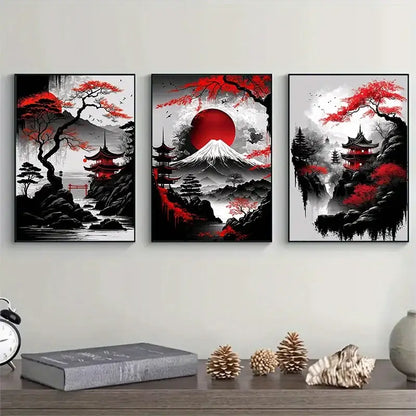 Japanese natural landscape red & white canvas art set living room