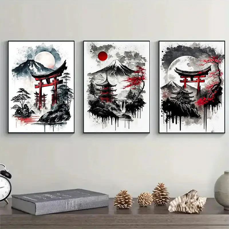 Japanese natural landscape red & white canvas art set living room