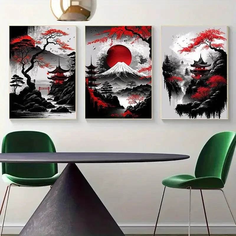 Japanese natural landscape red & white canvas art set living room