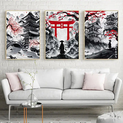 Japanese natural landscape red & white canvas art set living room