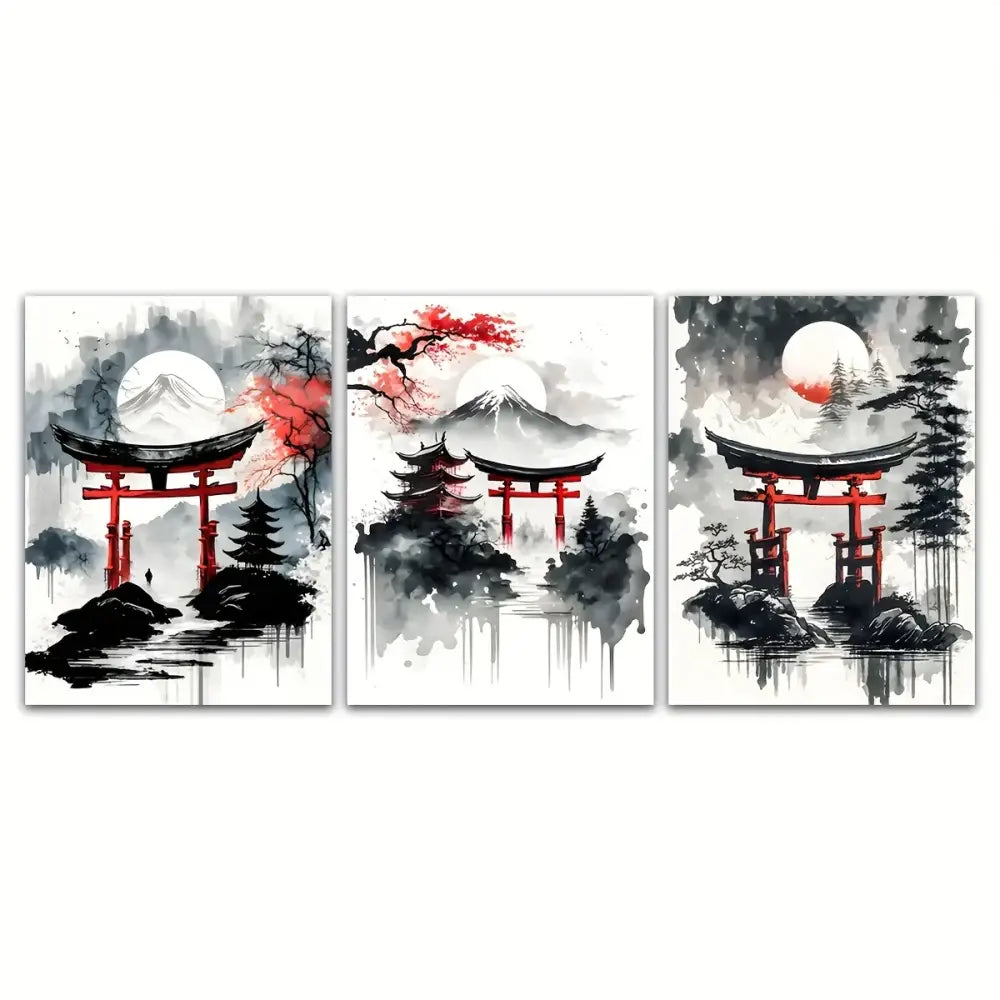 Japanese natural landscape red & white canvas art set living room