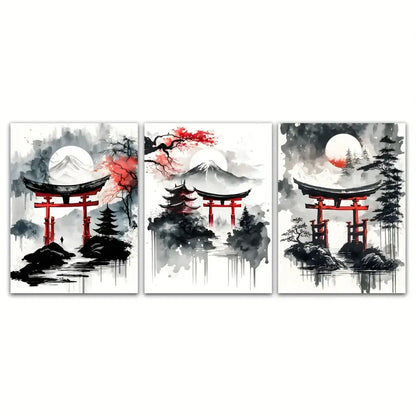 Japanese natural landscape red & white canvas art set living room