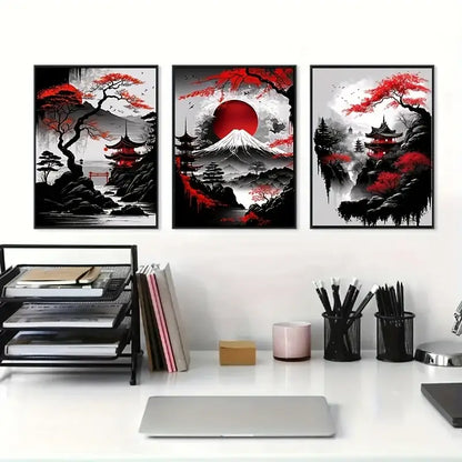 Japanese natural landscape red & white canvas art set living room