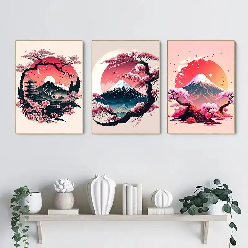Japanese natural landscape red & white canvas art set living room
