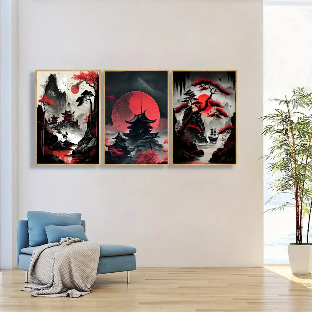 Japanese natural landscape red & white canvas art set living room