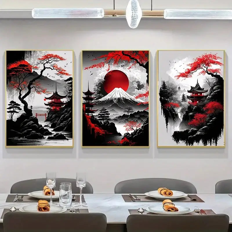 Japanese natural landscape red & white canvas art set living room
