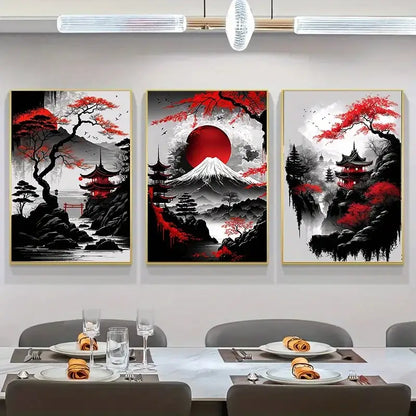 Japanese natural landscape red & white canvas art set living room