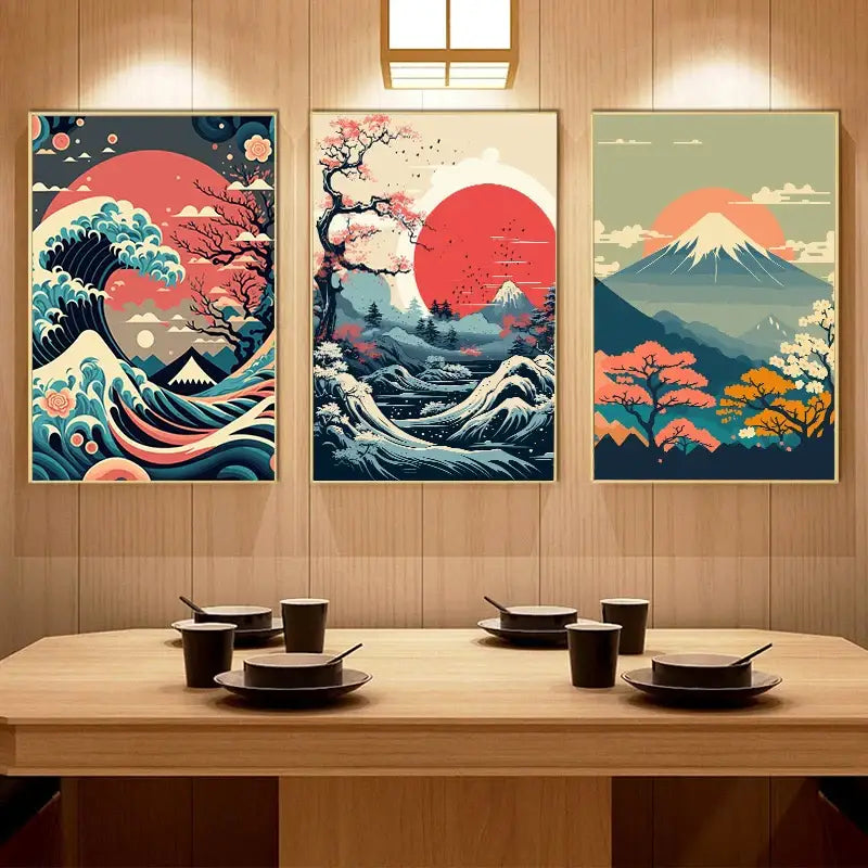 Japanese vintage art framed canvas trio living room wall decor