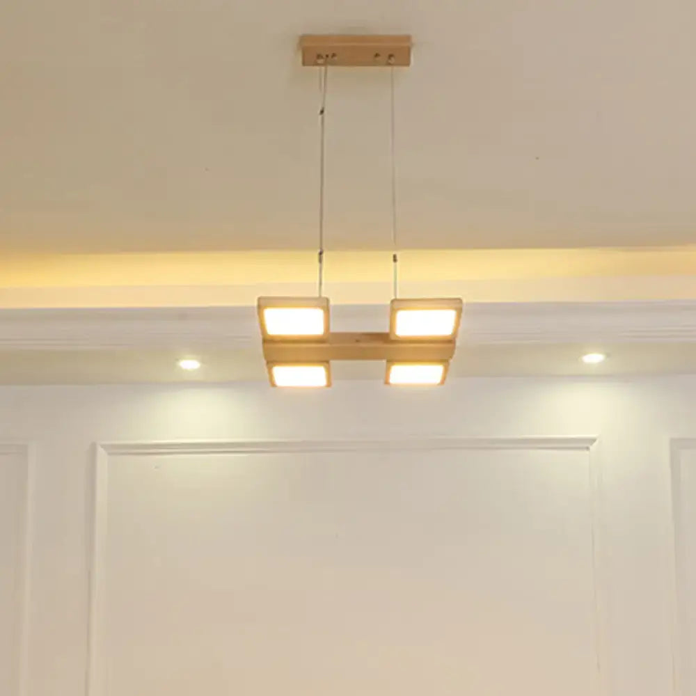 Modern wood square led pendant light dining room warm white shade