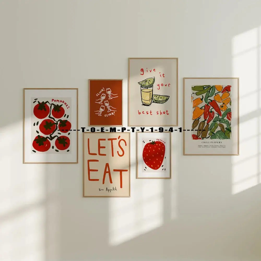 Vibrant orange and red kitchen gallery wall prints set of six