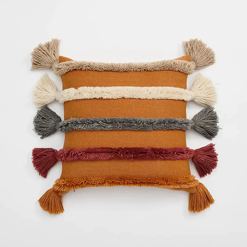 knit boho striped cushion cover beige living room tassels