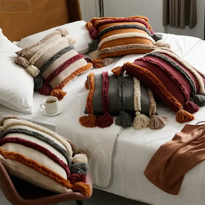 knit boho striped cushion cover beige living room tassels