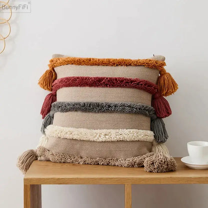 knit boho striped cushion cover beige living room tassels
