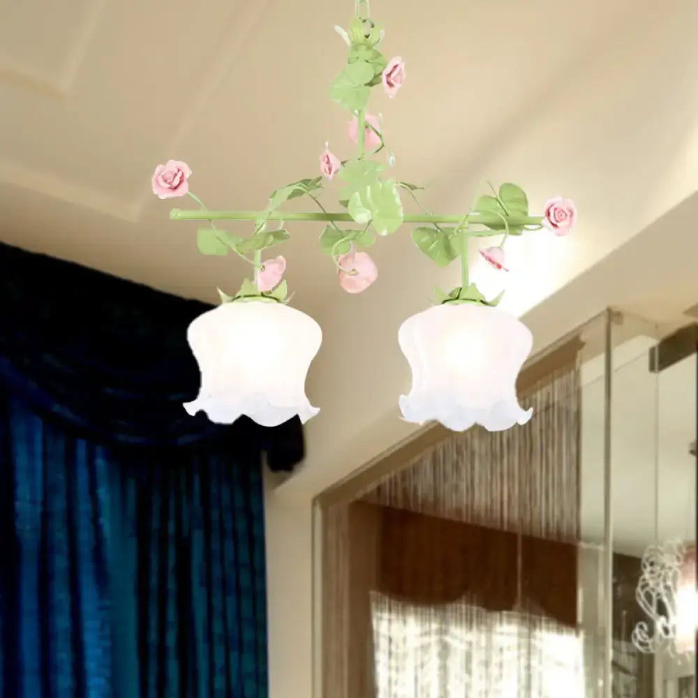 Pastel pink & green floral chandelier bedroom e26 e27 glass light