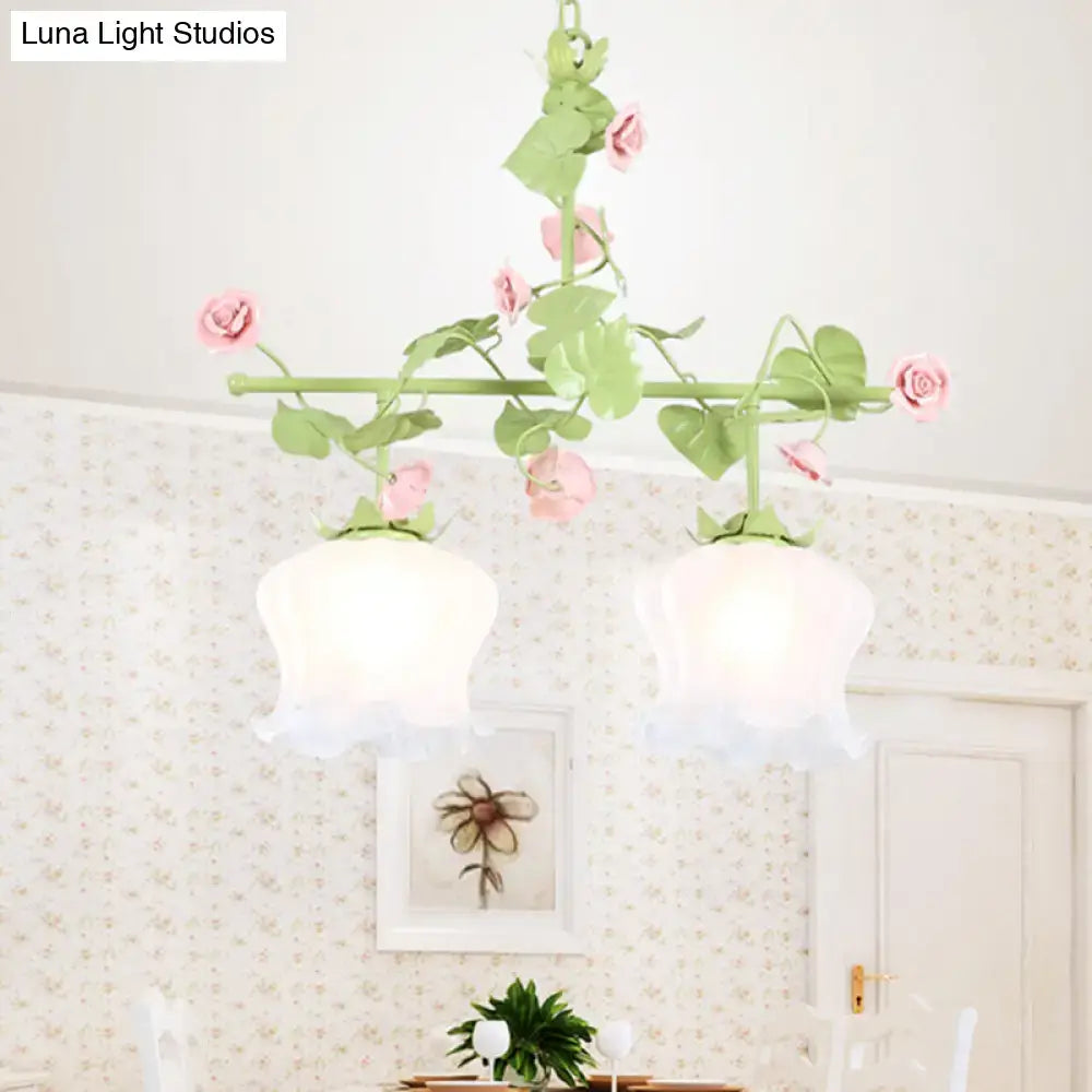 Pastel pink & green floral chandelier bedroom e26 e27 glass light