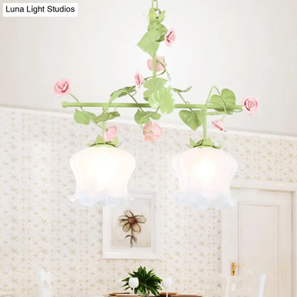 Pastel pink & green floral chandelier bedroom e26 e27 glass light