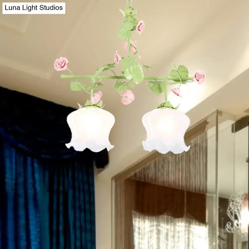Pastel pink & green floral chandelier bedroom e26 e27 glass light