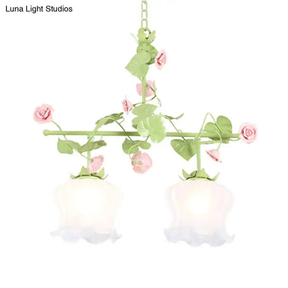 Pastel pink & green floral chandelier bedroom e26 e27 glass light
