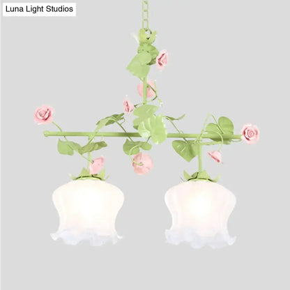 Pastel pink & green floral chandelier bedroom e26 e27 glass light