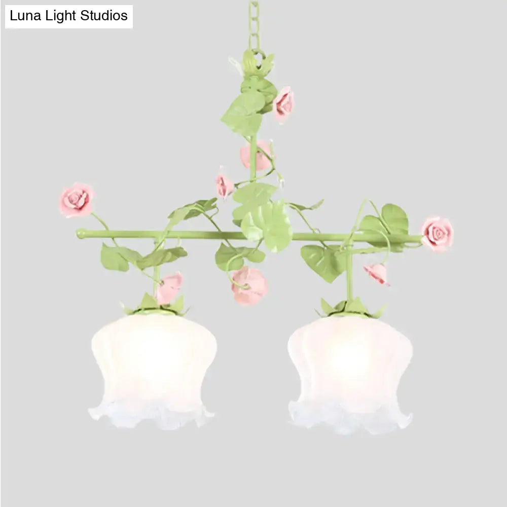 Pastel pink & green floral chandelier bedroom e26 e27 glass light