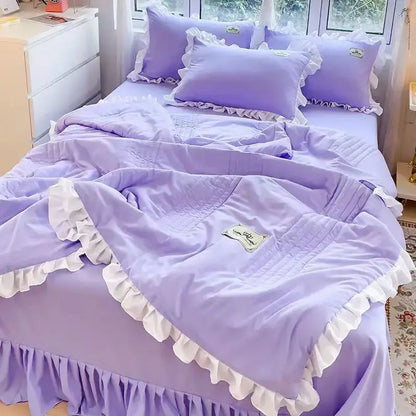 Pink & white princess ruffles quilt bedding set – bedroom summer quilt