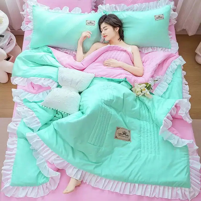 Pink & white princess ruffles quilt bedding set – bedroom summer quilt