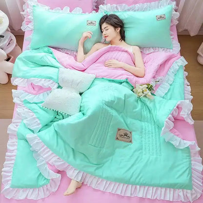 Pink & white princess ruffles quilt bedding set – bedroom summer quilt