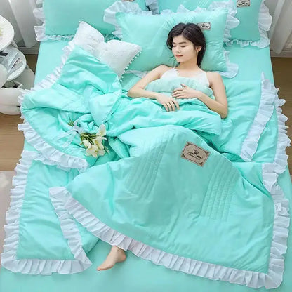 Pink & white princess ruffles quilt bedding set – bedroom summer quilt