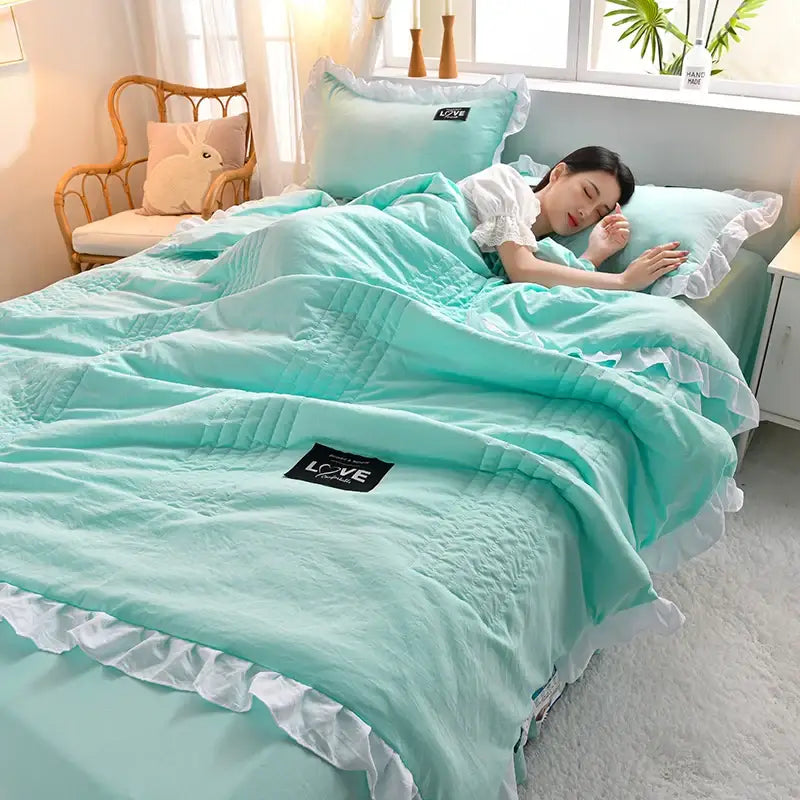 Pink & white princess ruffles quilt bedding set – bedroom summer quilt