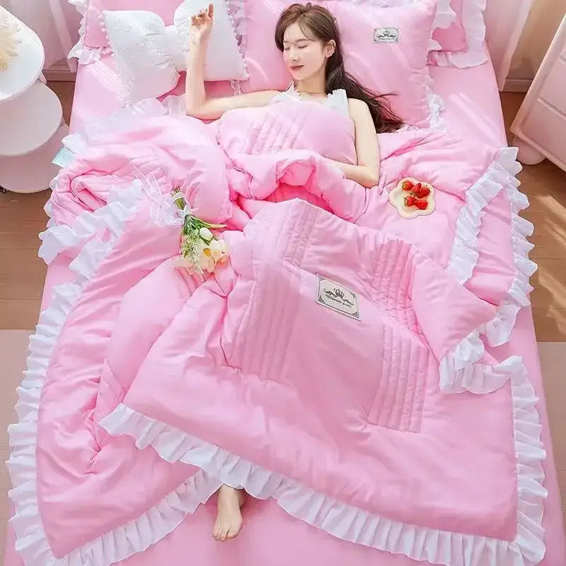 Pink & white princess ruffles quilt bedding set – bedroom summer quilt