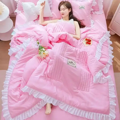 Pink & white princess ruffles quilt bedding set – bedroom summer quilt