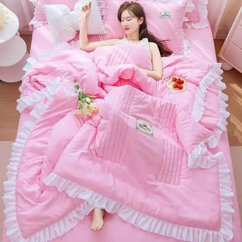 Pink & white princess ruffles quilt bedding set – bedroom summer quilt