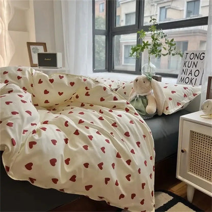 Korean style cream and red heart duvet cover bedroom bedding set