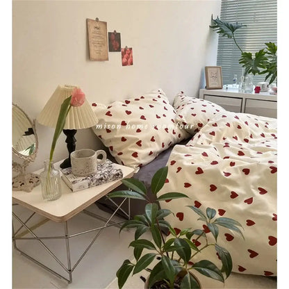 Korean style cream and red heart duvet cover bedroom bedding set