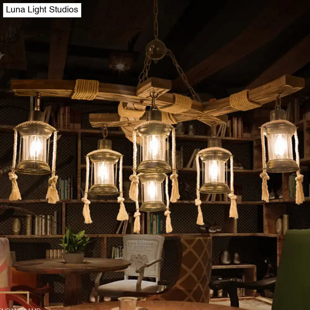 Rustic wood 6 light lantern chandelier dining room led incandescent