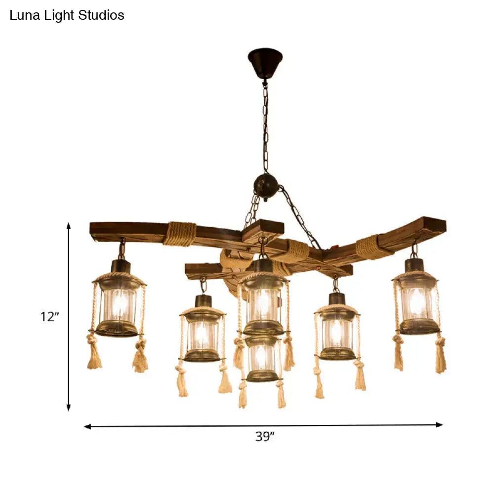 Rustic wood 6 light lantern chandelier dining room led incandescent