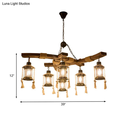Rustic wood 6 light lantern chandelier dining room led incandescent