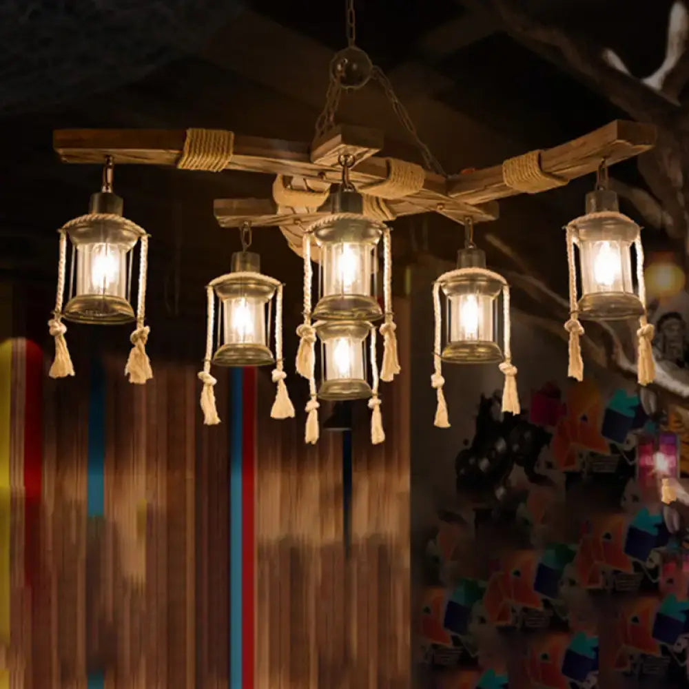 Rustic wood 6 light lantern chandelier dining room led incandescent