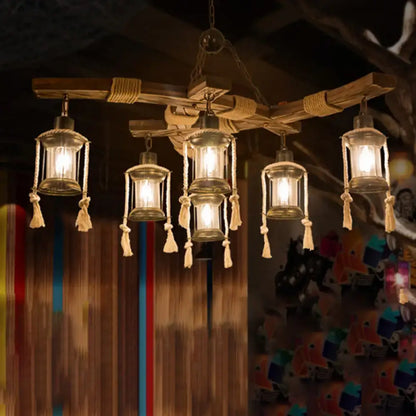 Rustic wood 6 light lantern chandelier dining room led incandescent