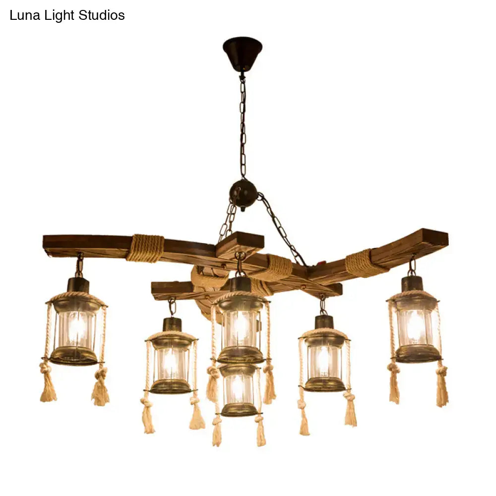 Rustic wood 6 light lantern chandelier dining room led incandescent