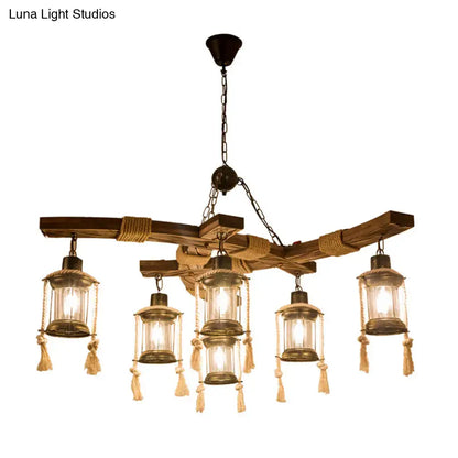 Rustic wood 6 light lantern chandelier dining room led incandescent