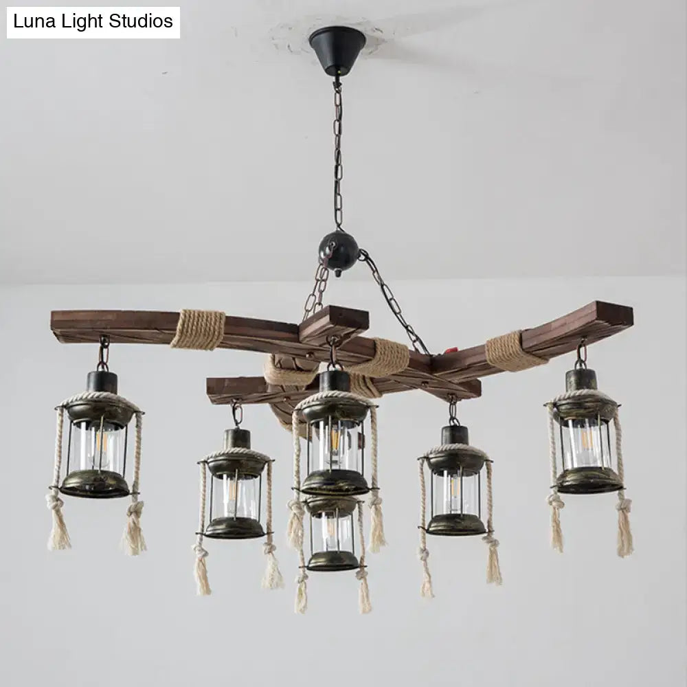 Rustic wood 6 light lantern chandelier dining room led incandescent