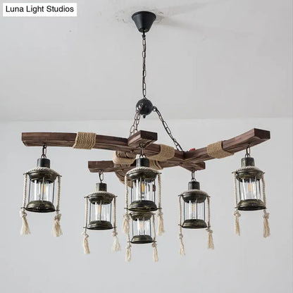 Rustic wood 6 light lantern chandelier dining room led incandescent