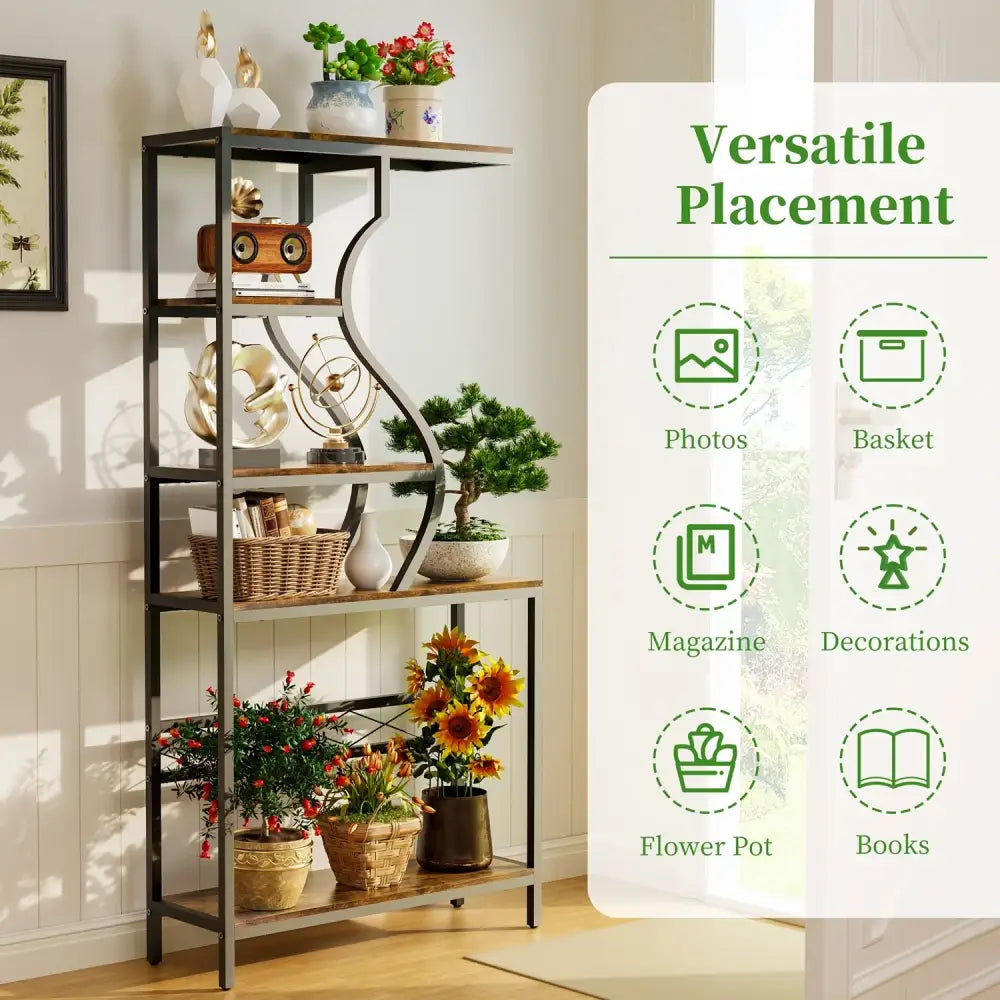 Industrial black & wood 5-tier plant stand display rack living room