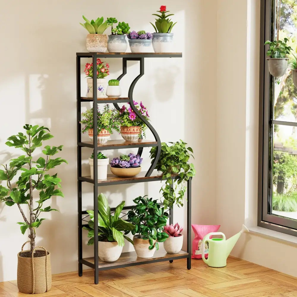 Industrial black & wood 5-tier plant stand display rack living room