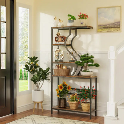 Industrial black & wood 5-tier plant stand display rack living room